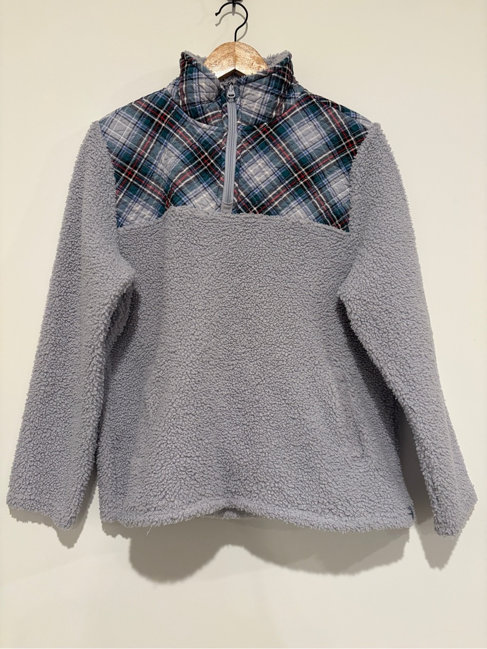 Vera Bradley Large Snowy Plaid Teddy Sherpa Fleece Quarter Zip Pullover Sweater